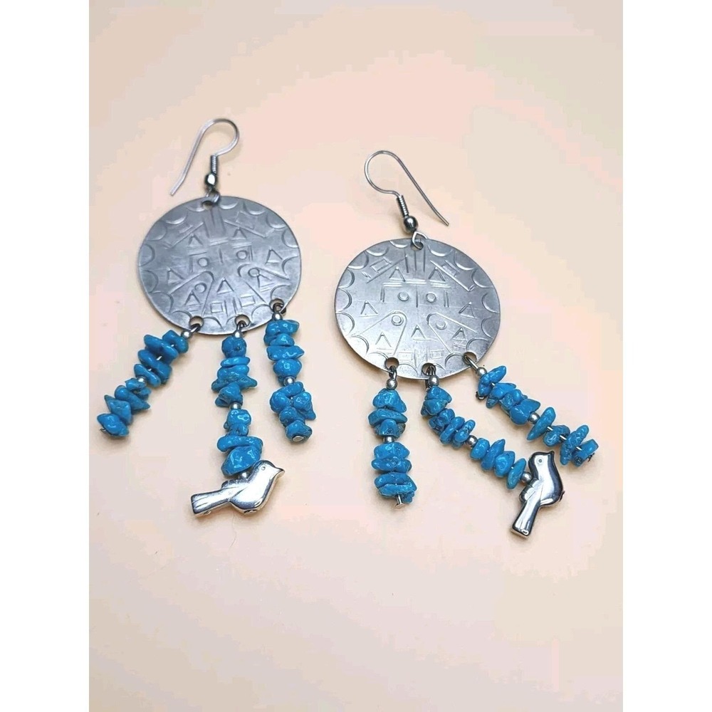 925 Sterling Silver & Turquoise Earrings Dangle Aztec Southwest Native American